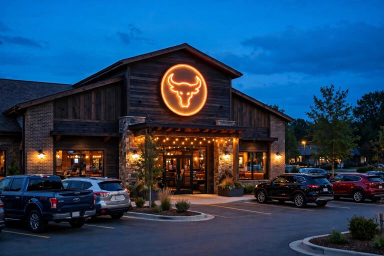 LongHorn Steakhouse near me phone — steakhouse restaurant exterior at dusk