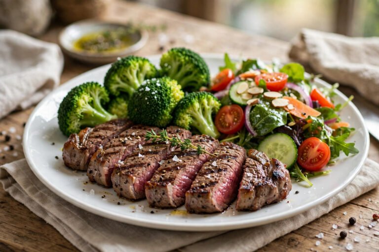 LongHorn nutrition — grilled sirloin with steamed broccoli and side salad