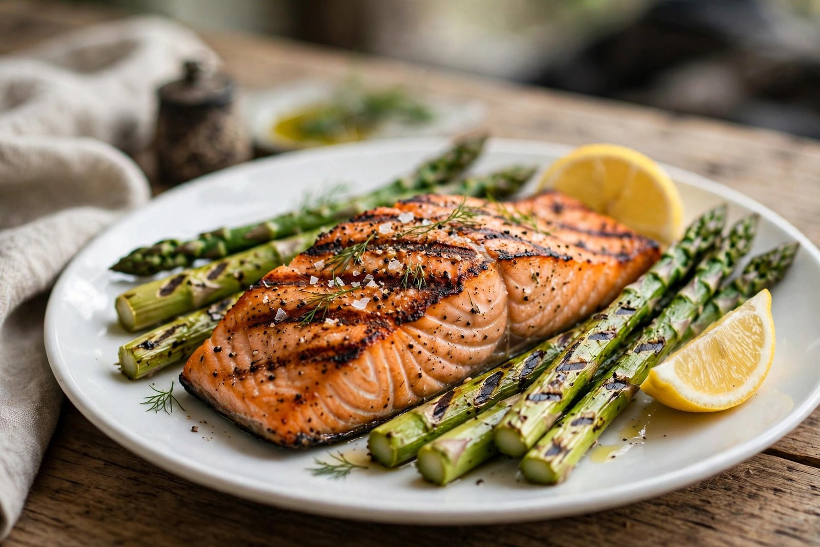 LongHorn nutrition — fire-grilled salmon with asparagus and lemon