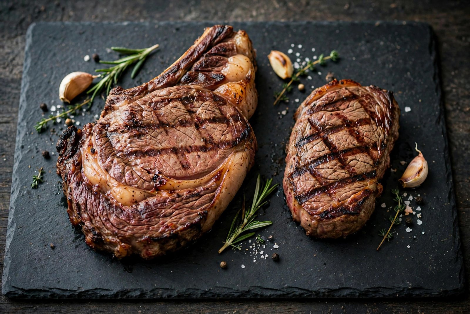 LongHorn nutrition — steak portion size comparison on a slate board