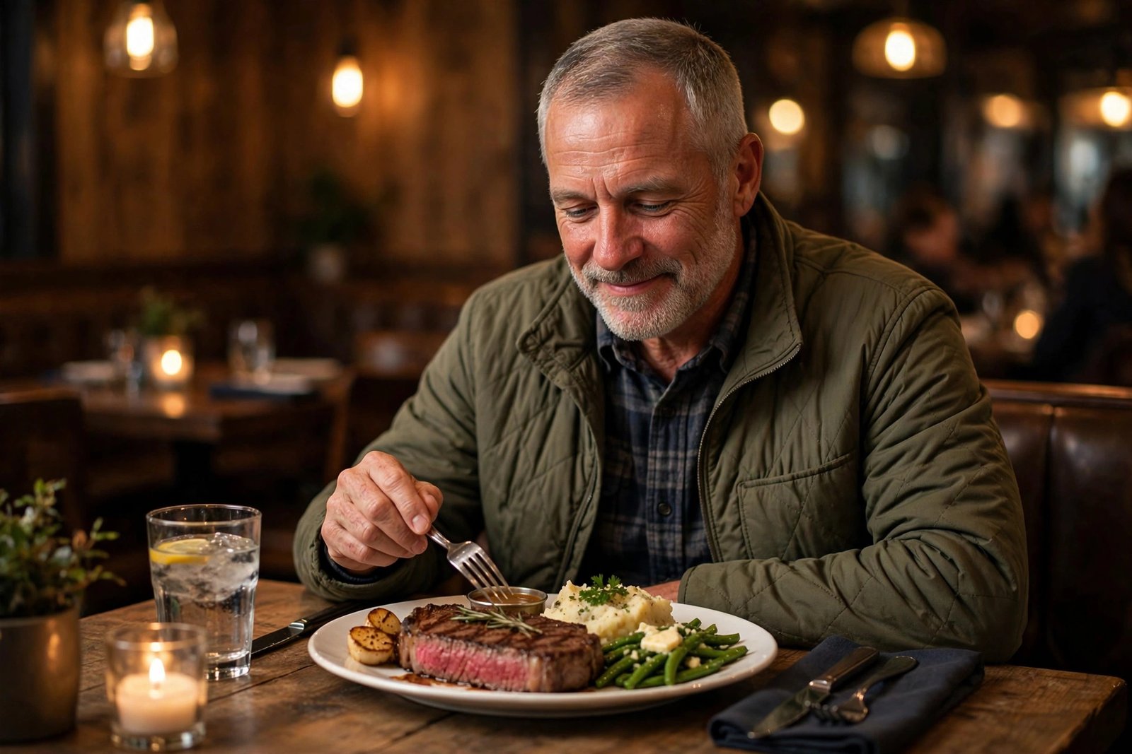 LongHorn senior discount — military veteran enjoying a steak dinner