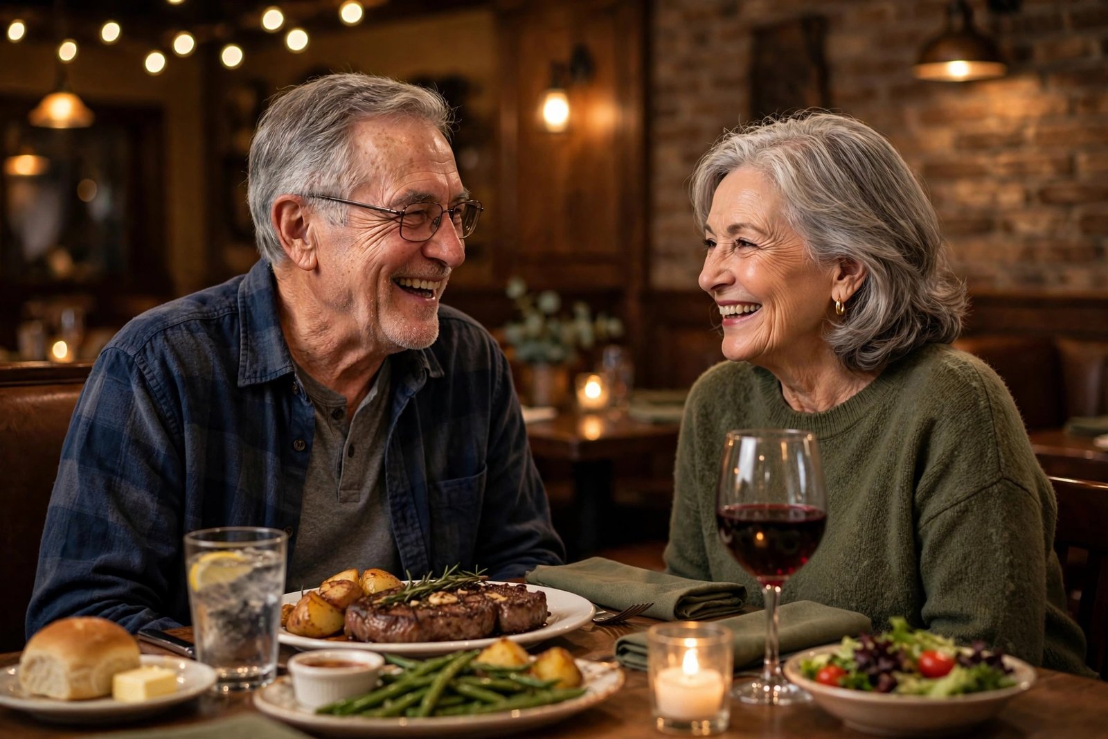 LongHorn senior discount — senior couple enjoying dinner at a steakhouse