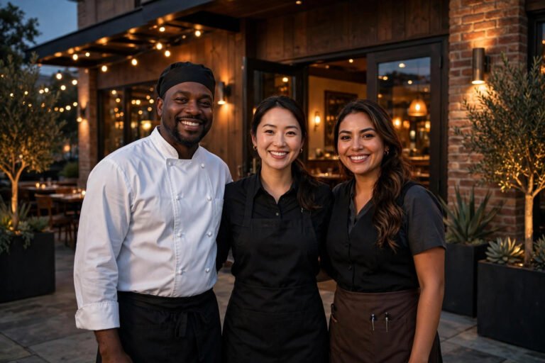 LongHorn Steakhouse careers — restaurant team standing together outside a steakhouse at dusk