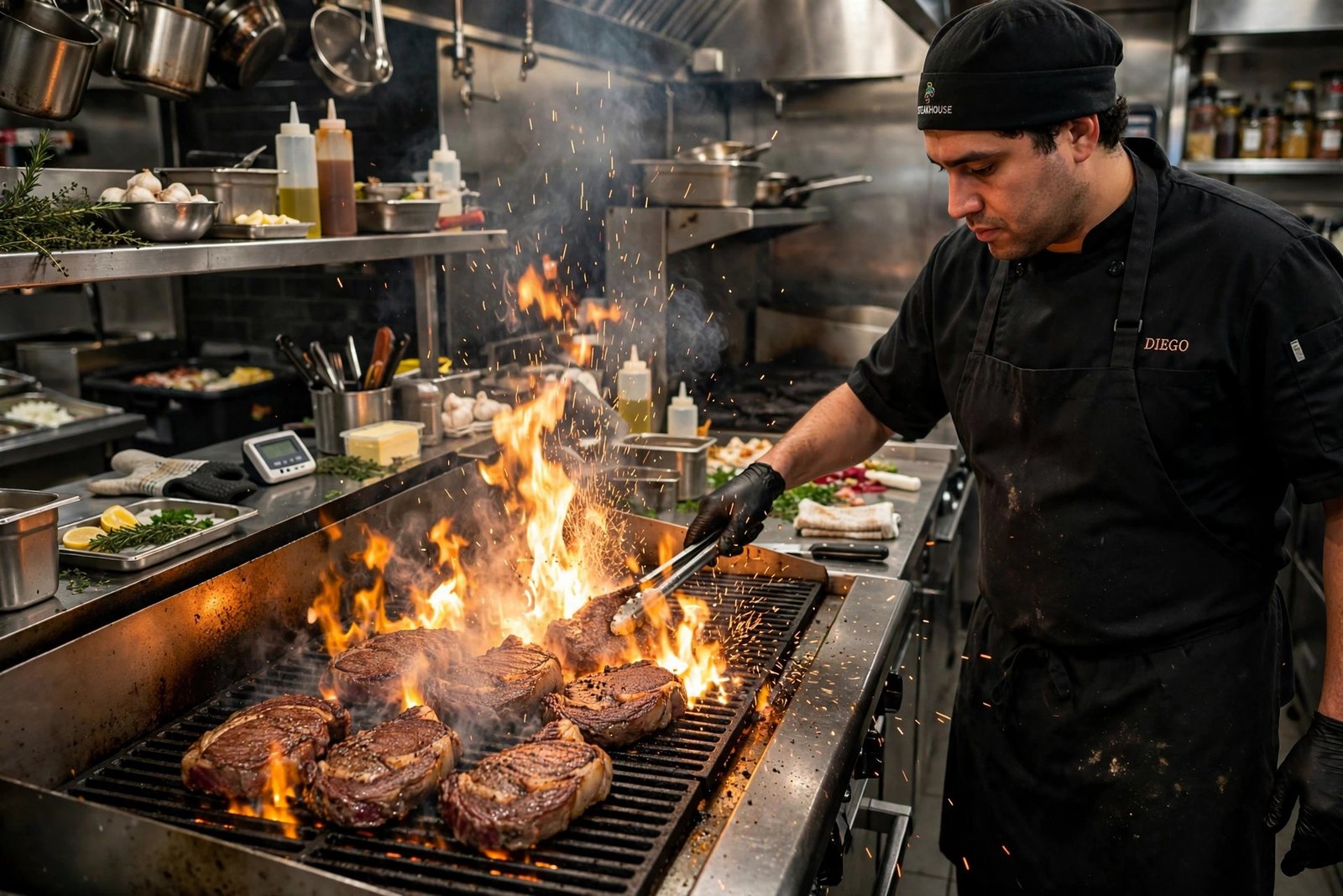 LongHorn Steakhouse careers — line cook grilling steaks over open flames in a steakhouse kitchen