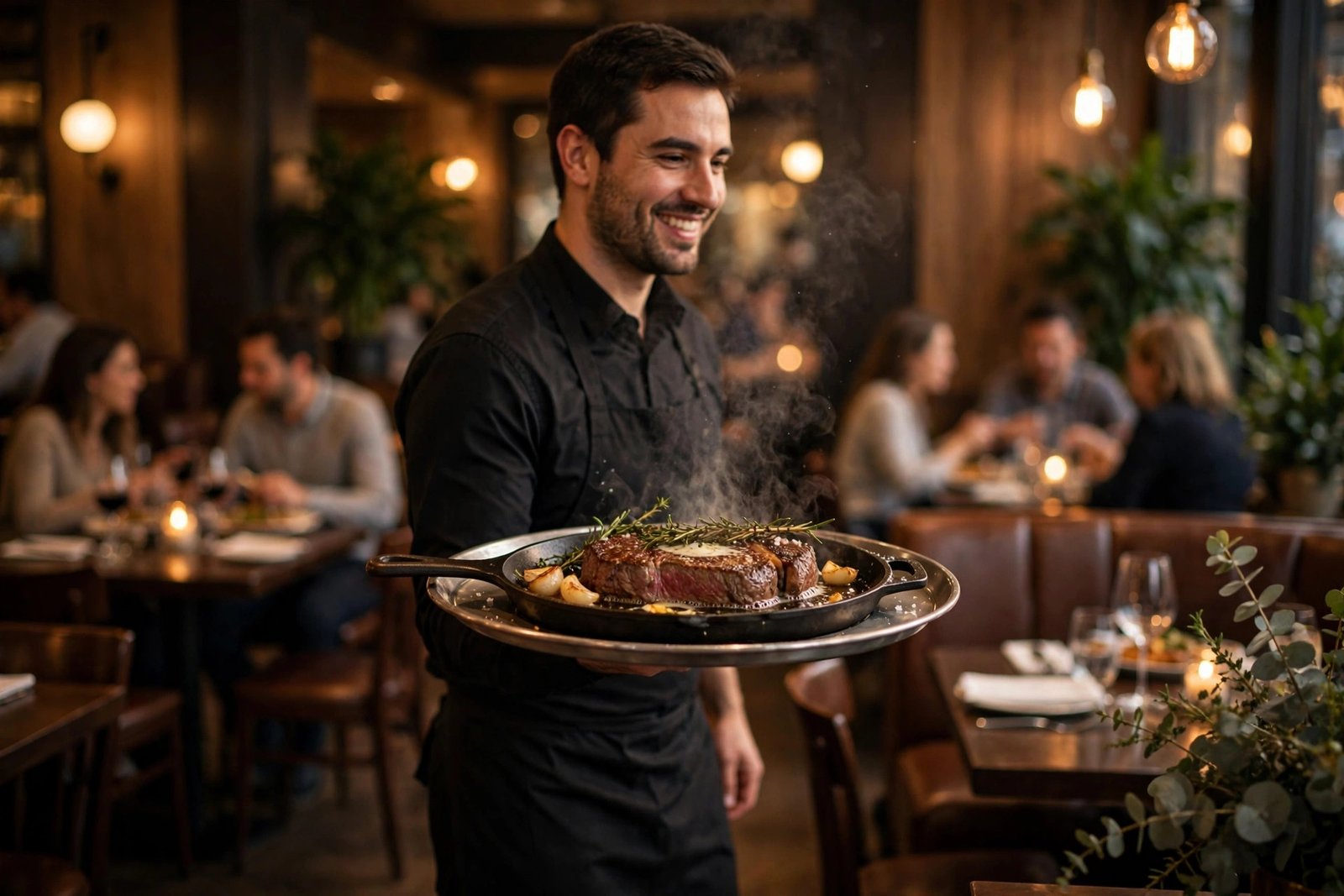 LongHorn Steakhouse careers — server carrying a sizzling steak plate through the dining room