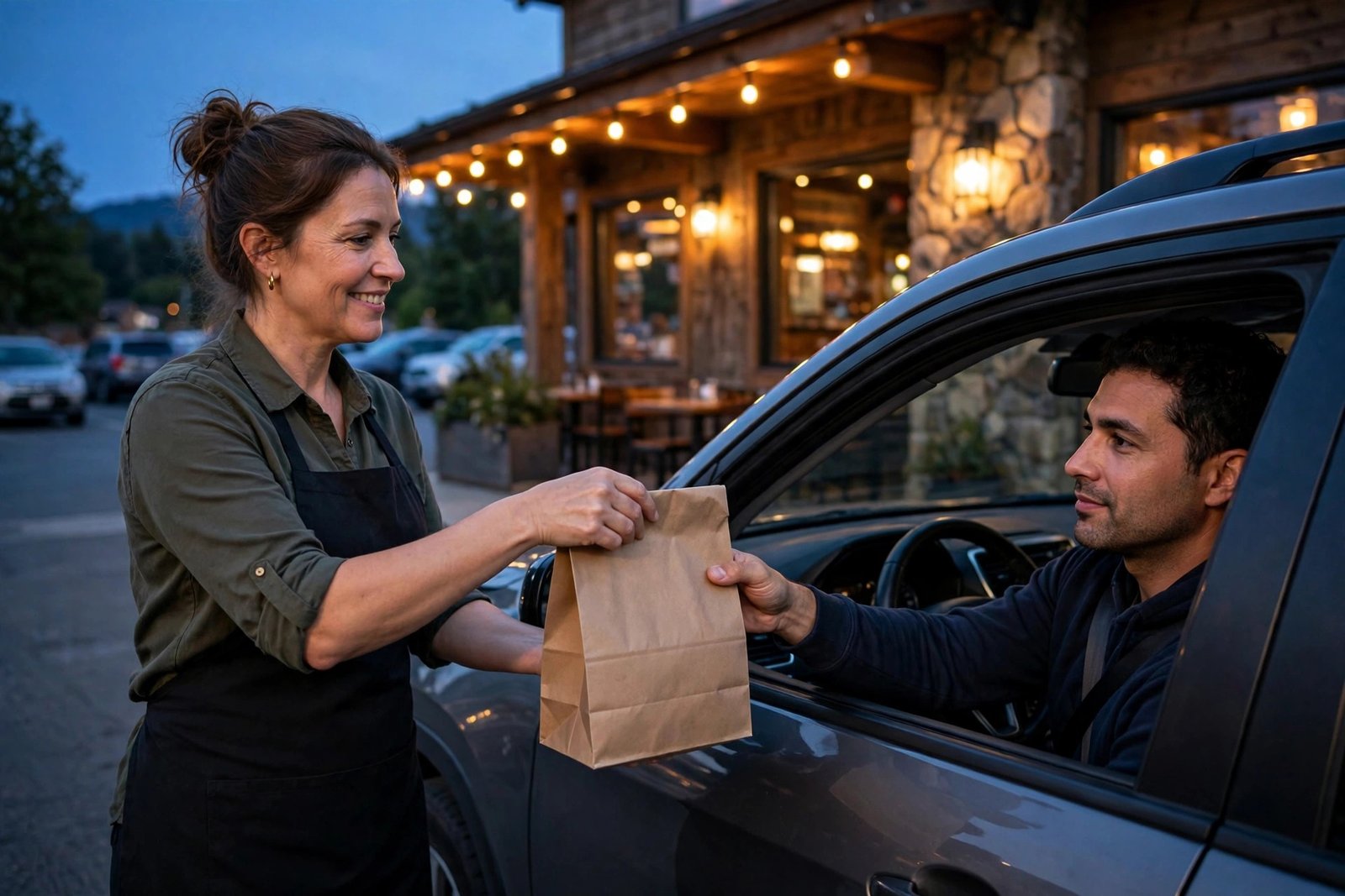 LongHorn Steakhouse delivery — curbside pickup at a steakhouse restaurant at dusk