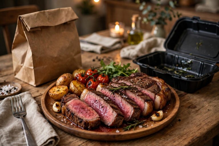 LongHorn Steakhouse delivery — grilled ribeye steak dinner with takeout containers at home