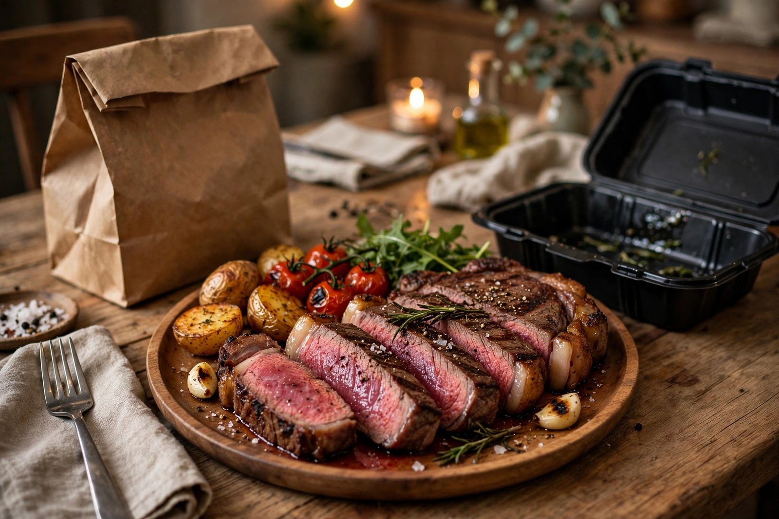 LongHorn Steakhouse delivery — grilled ribeye steak dinner with takeout containers at home