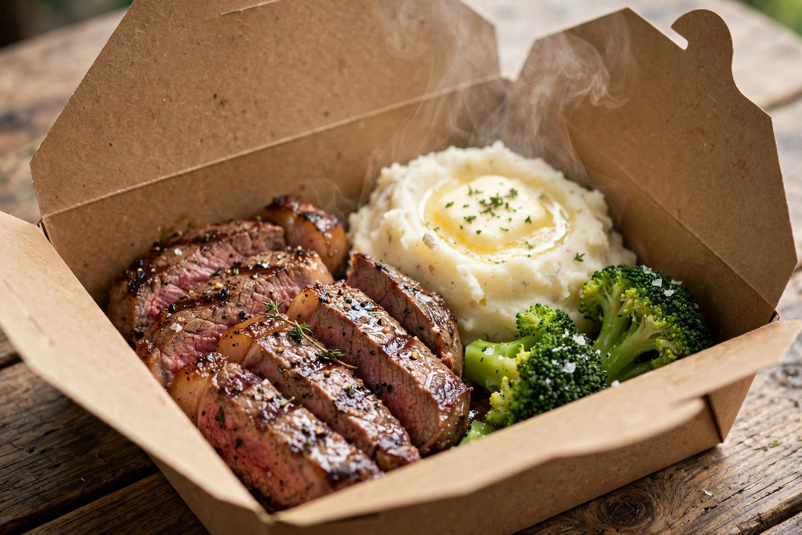 LongHorn Steakhouse delivery — steakhouse steak in a takeout box with sides