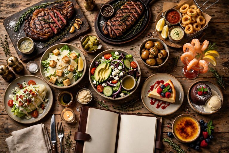 LongHorn Steakhouse menu with pictures — spread of steaks, appetizers, salads and desserts