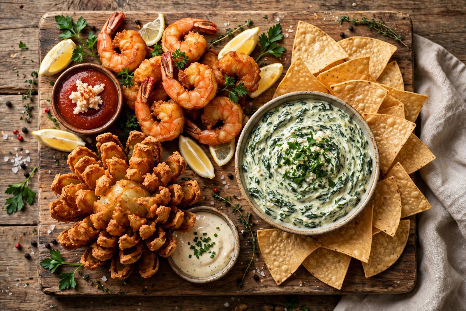 LongHorn Steakhouse menu with pictures — appetizer spread with shrimp, onion appetizer and spinach dip