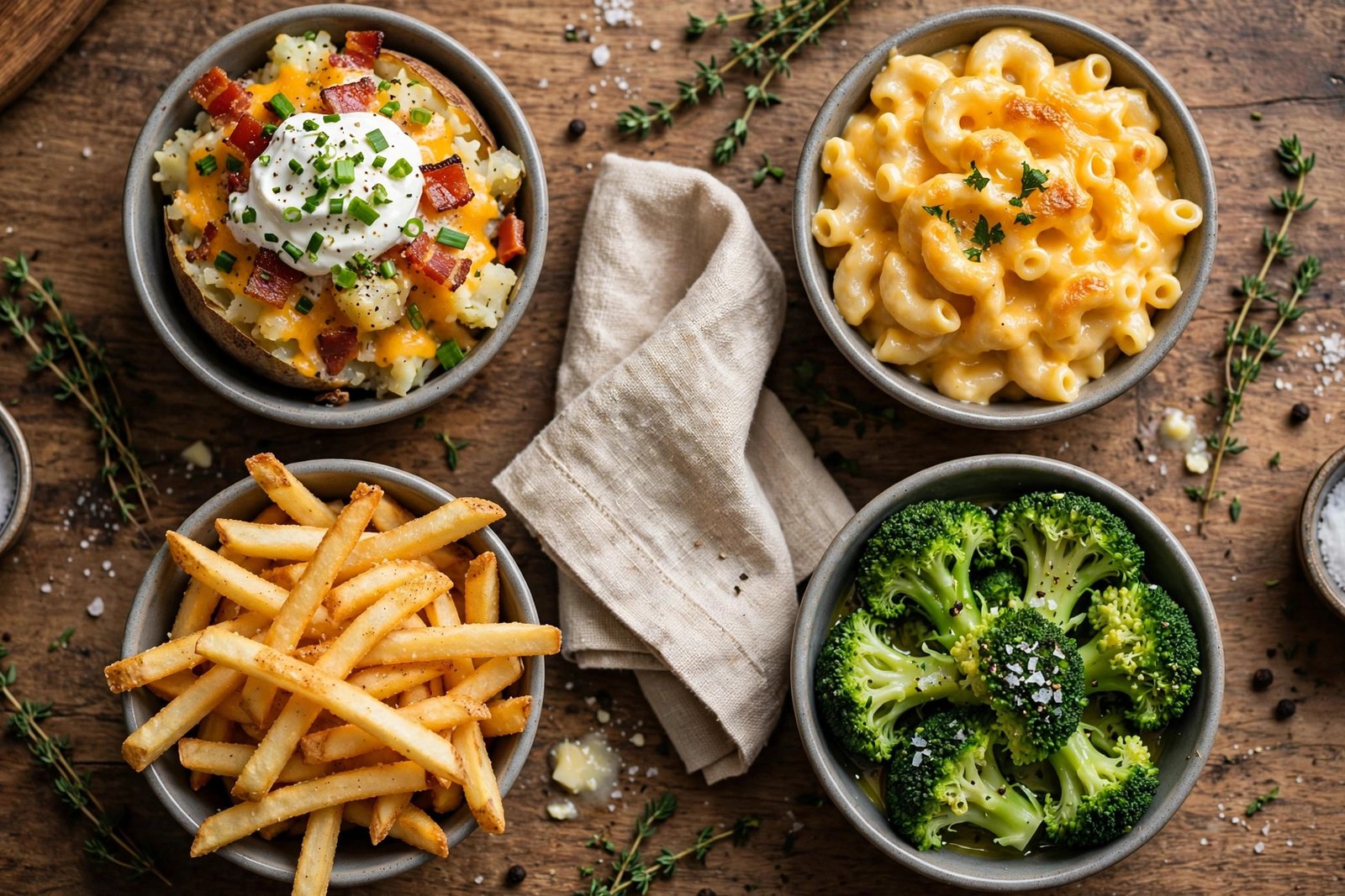 LongHorn Steakhouse menu with pictures — loaded baked potato, mac and cheese, fries and broccoli sides