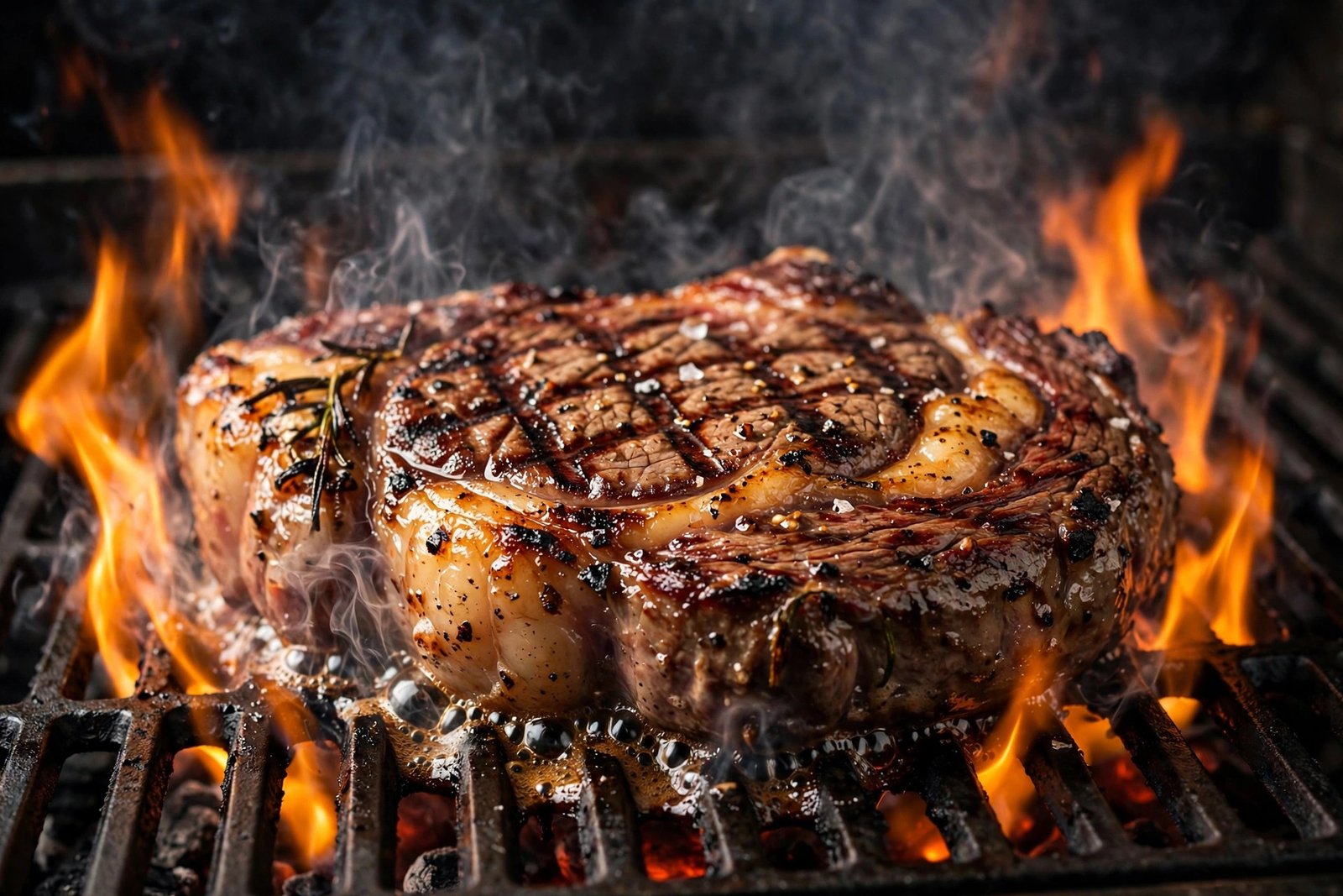 LongHorn Steakhouse Tyler menu — ribeye steak grilling over open flames