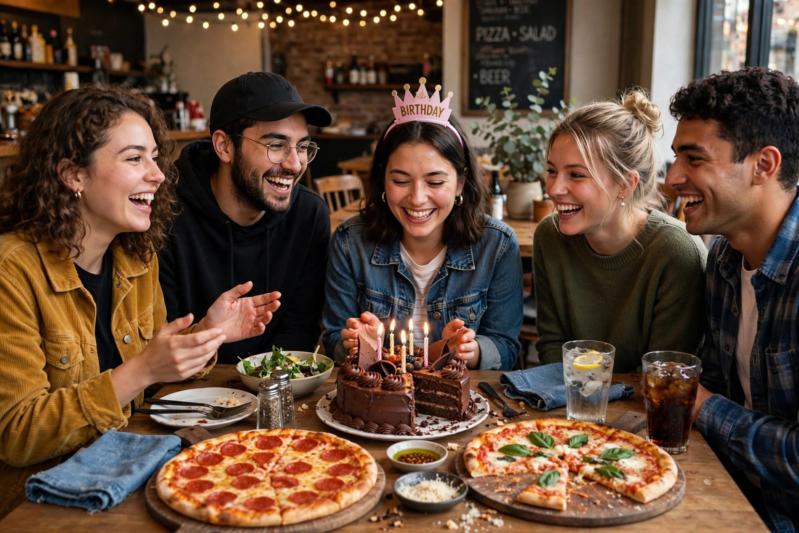 MOD Pizza birthday reward celebration 2026 — friends with cake and pizza