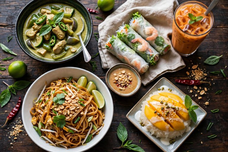 Nourish Thai menu with prices — Thai food spread with pad thai, green curry, spring rolls and Thai iced tea