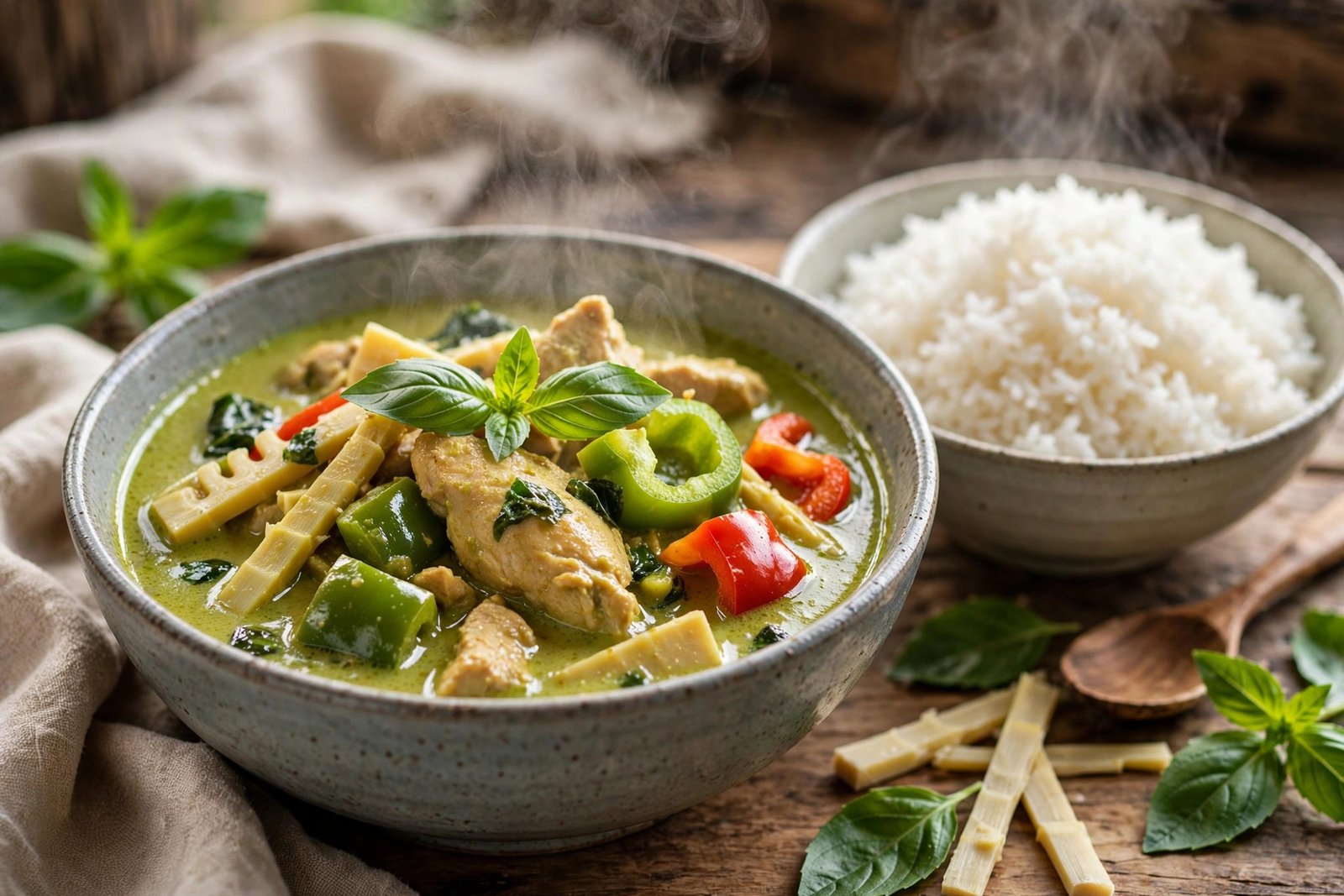 Nourish Thai menu with prices — Thai green curry with chicken and jasmine rice