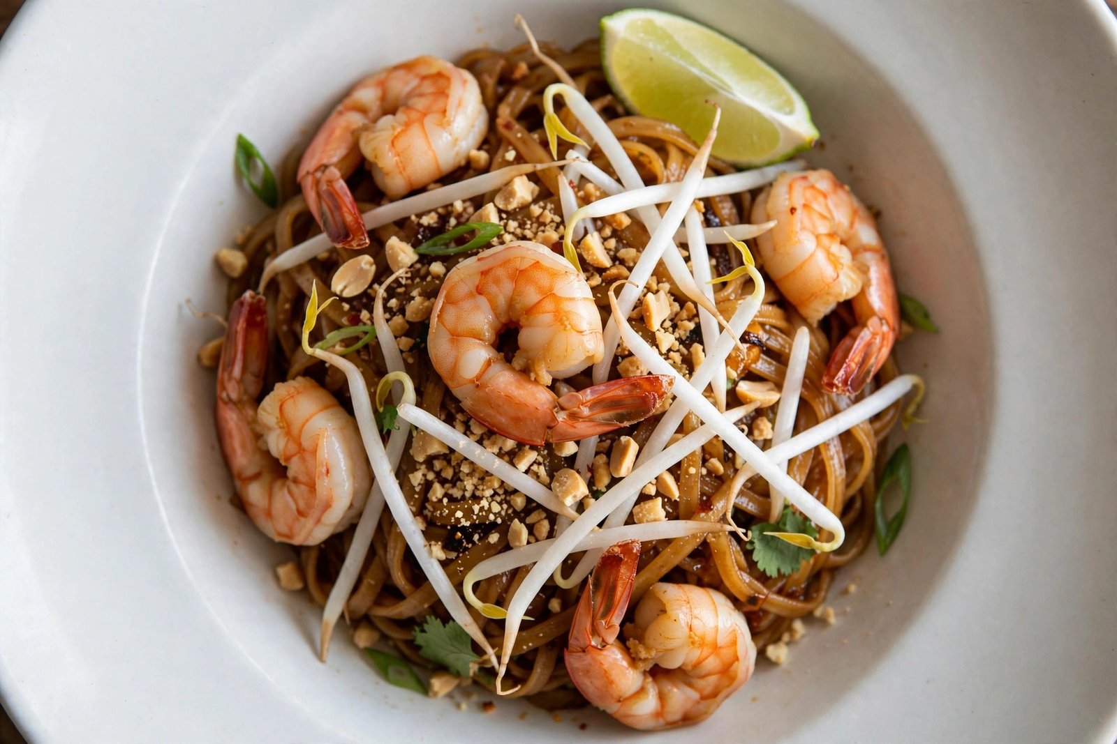 Nourish Thai menu with prices — close-up of pad thai with shrimp, peanuts and lime