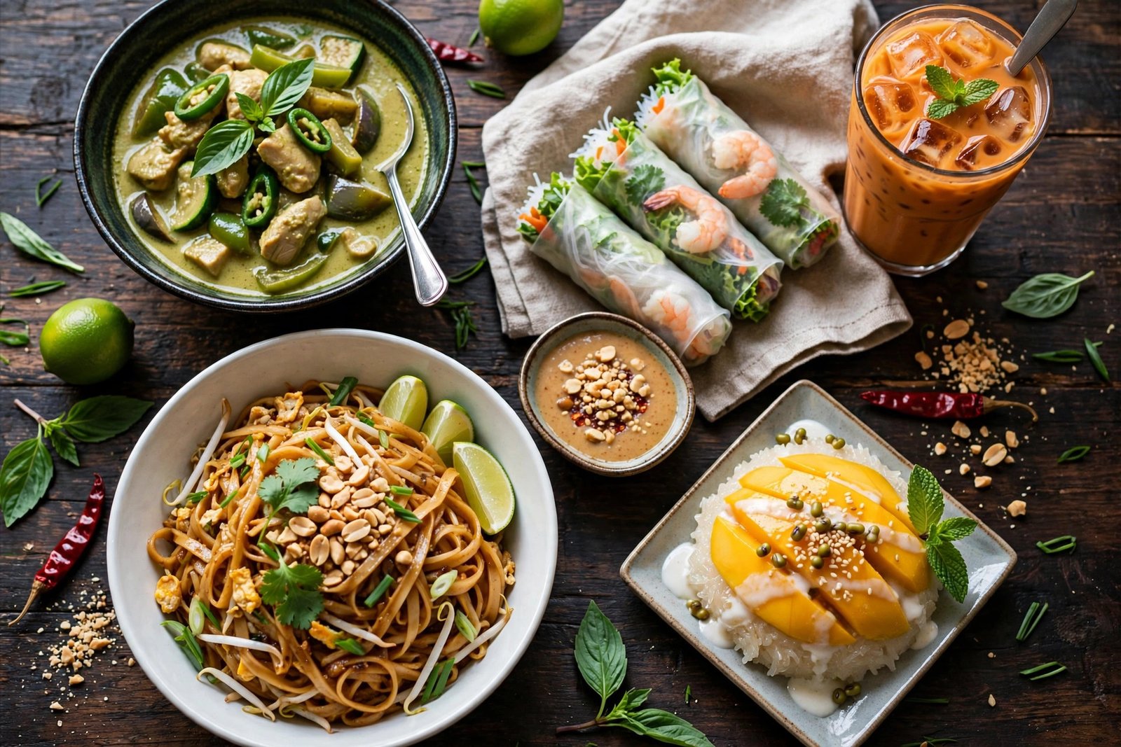 Nourish Thai menu with prices — Thai food spread with pad thai, green curry, spring rolls and Thai iced tea