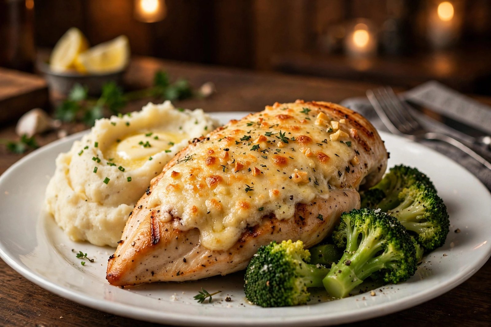 Parmesan crusted chicken at LongHorn — grilled chicken breast with creamy parmesan garlic cheese crust, broccoli and mashed potatoes