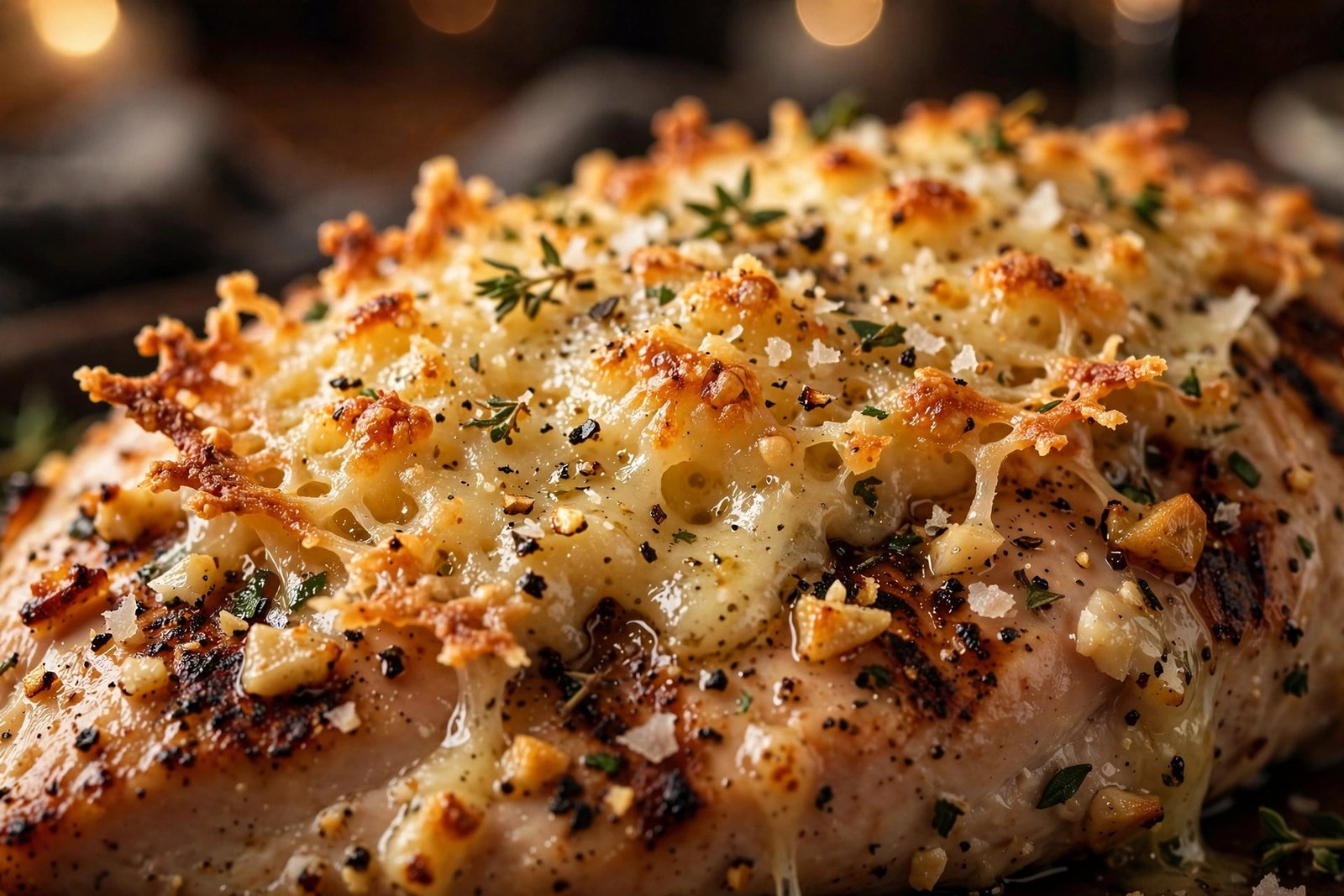 Parmesan crusted chicken at LongHorn — close-up of the golden parmesan garlic cheese crust