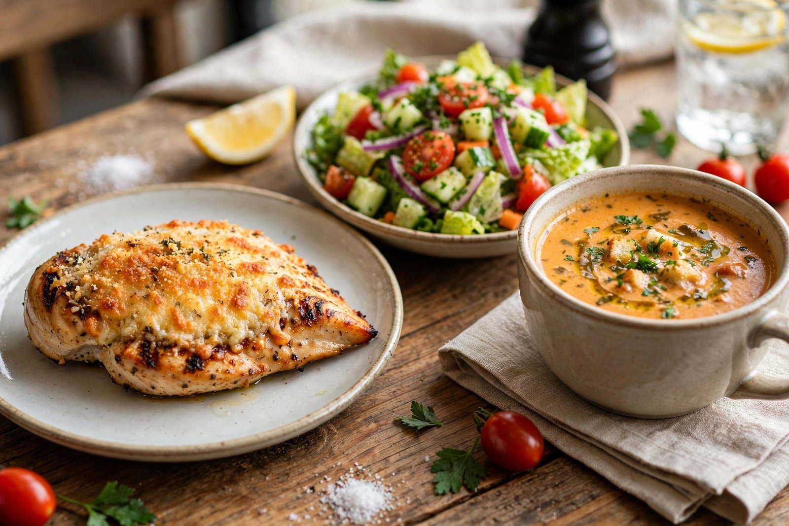 Parmesan crusted chicken at LongHorn — lunch entrée with side salad and soup