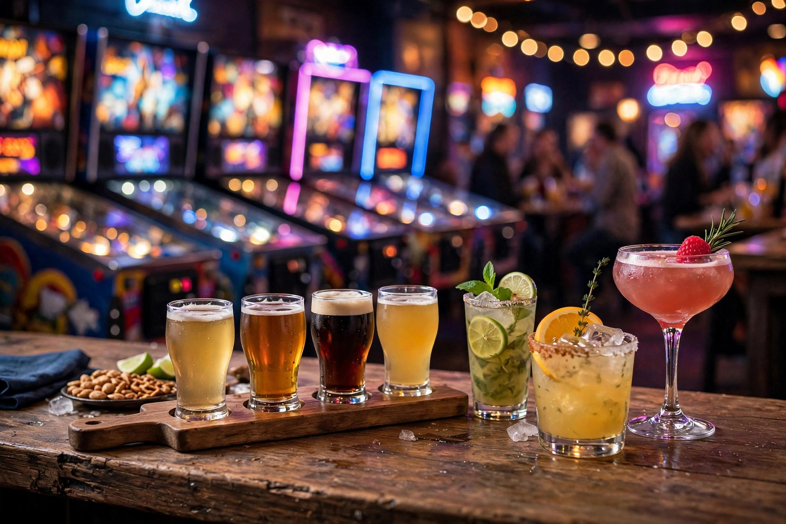 Pins Mechanical Co Columbus menu — craft cocktails and draft beer flight at the bar