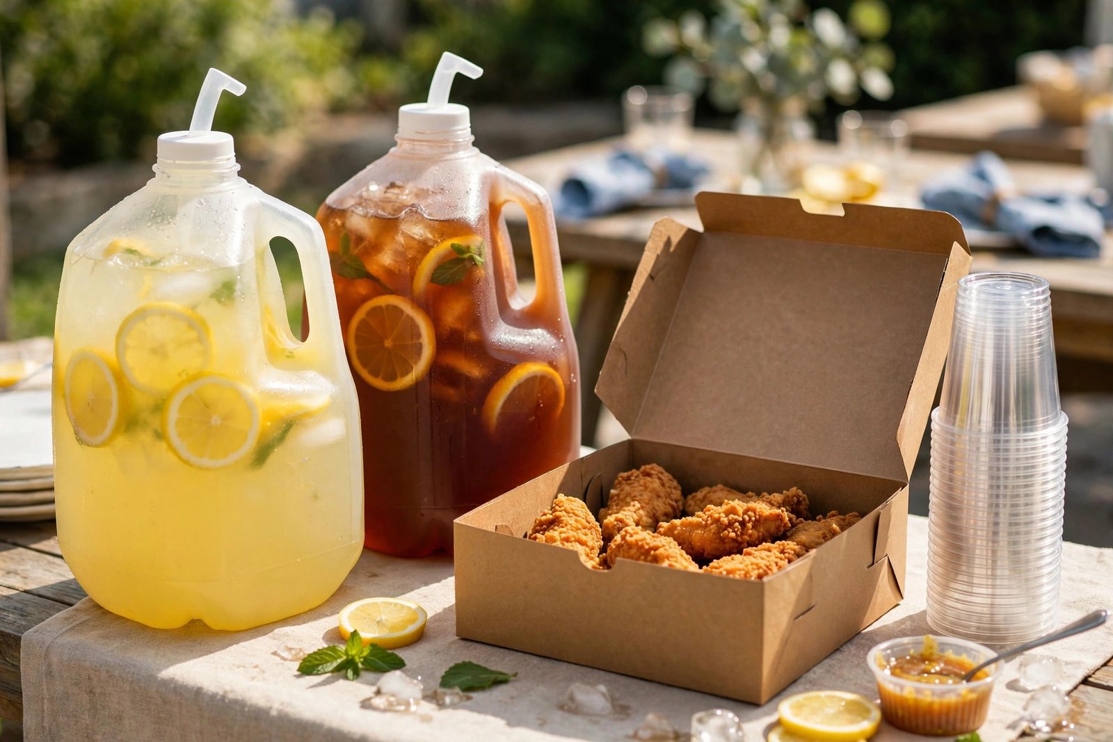 Raising Cane's gallon drinks for catering — lemonade and tea