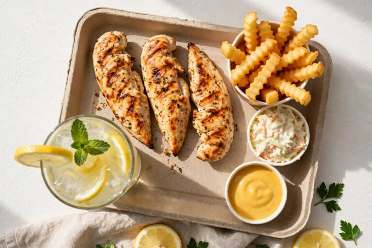 Raising Cane's gluten free options - naked chicken tenders, fries, coleslaw, sauce and lemonade