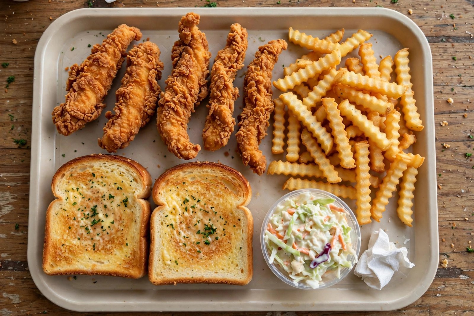 Raising Cane's grilled chicken alternatives — combo tray with fingers, fries, toast and slaw