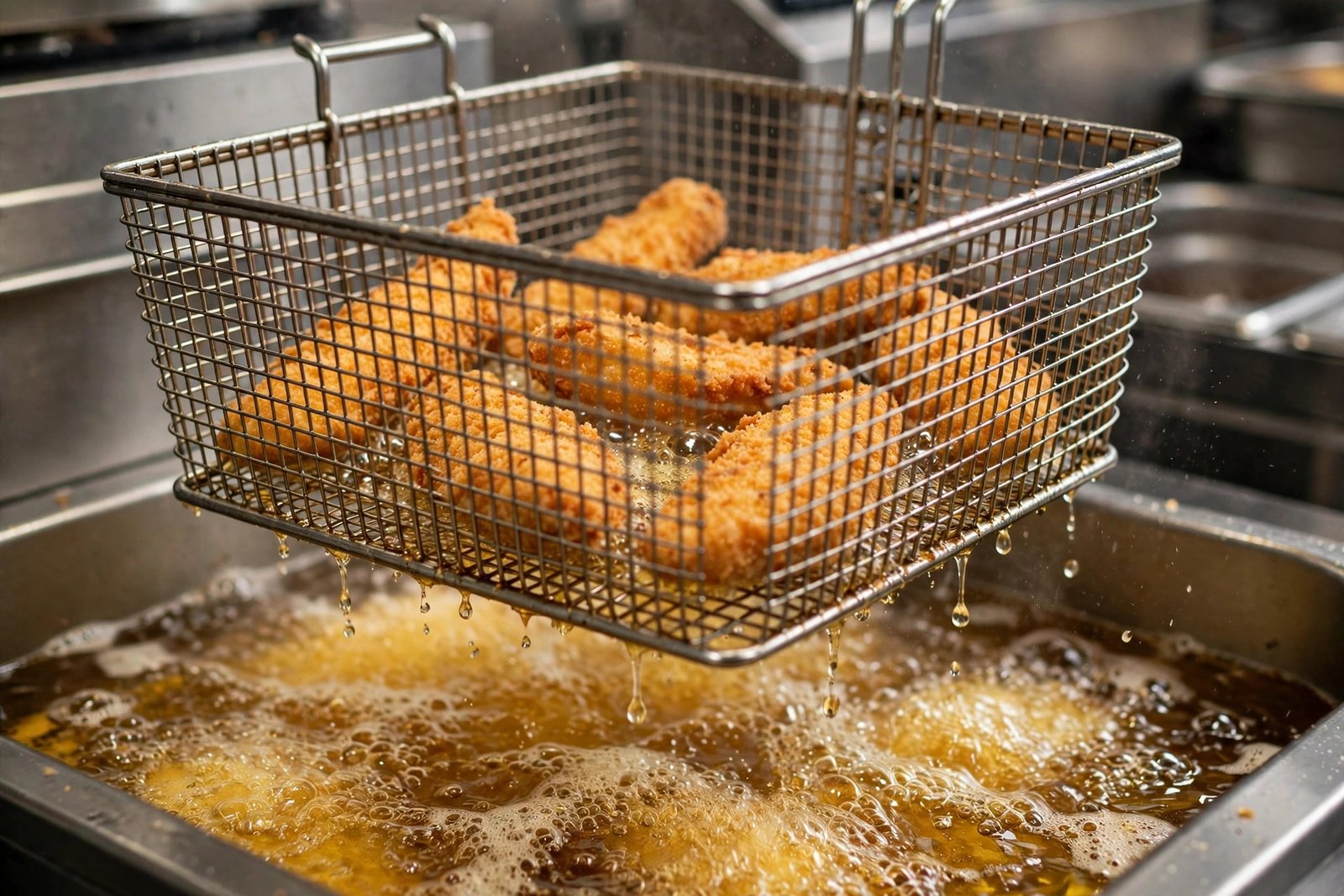Raising Cane's grilled chicken alternative — chicken tenders deep frying in hot oil