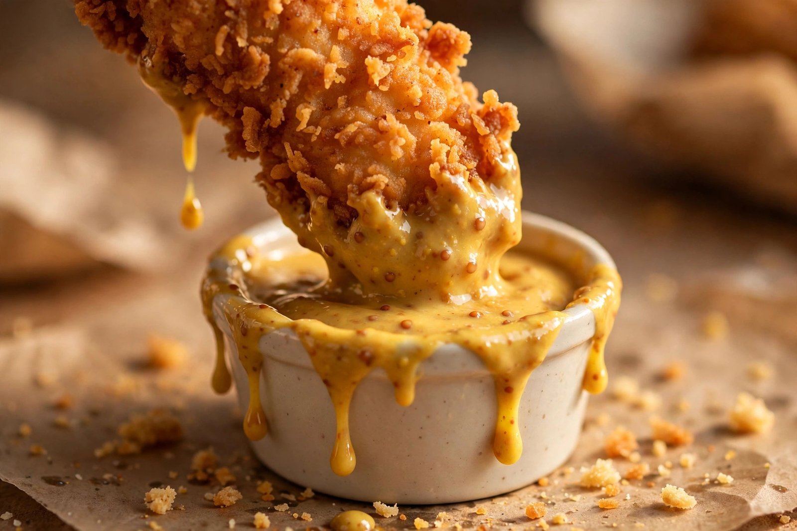 Chicken finger being dipped into Raising Cane's honey mustard sauce