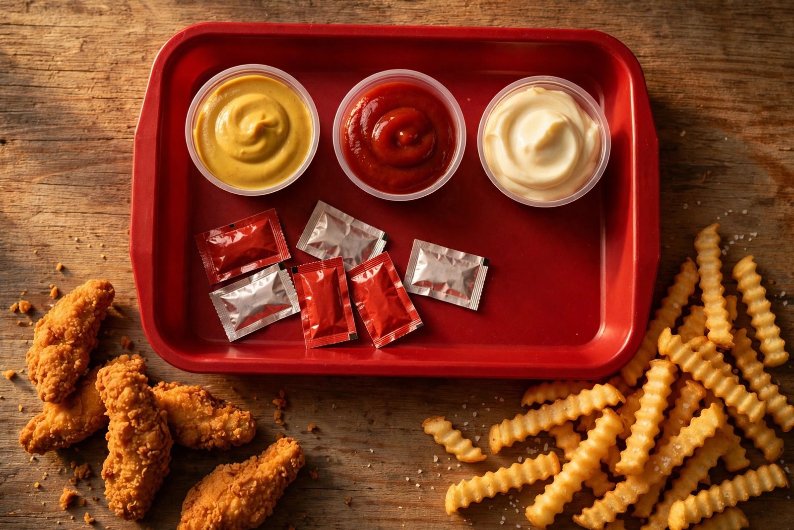 Raising Cane's off-menu extras including honey mustard, hot sauce packets, ketchup and mayo