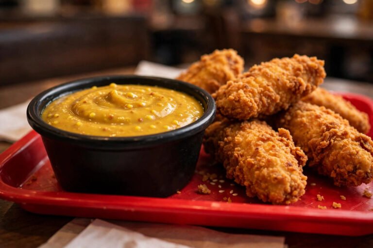 Raising Cane's honey mustard secret sauce in a dipping cup beside chicken fingers