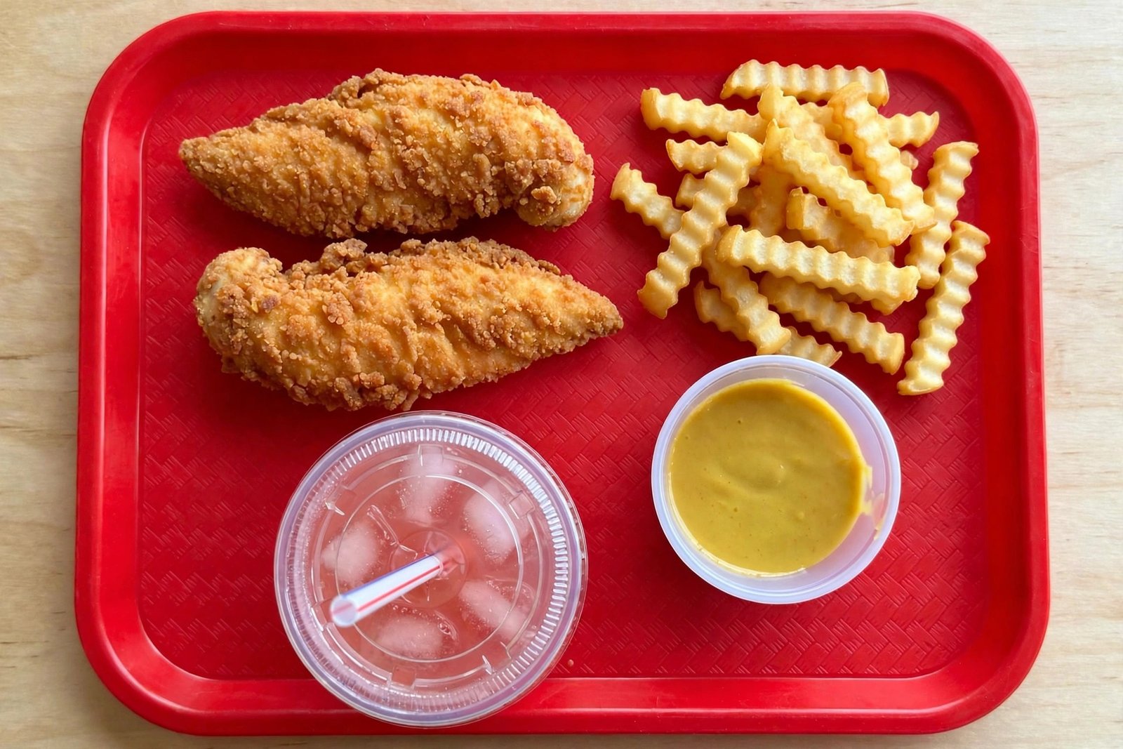 Raising Cane's Kids Combo contents: 2 chicken fingers, fries, sauce and kids drink