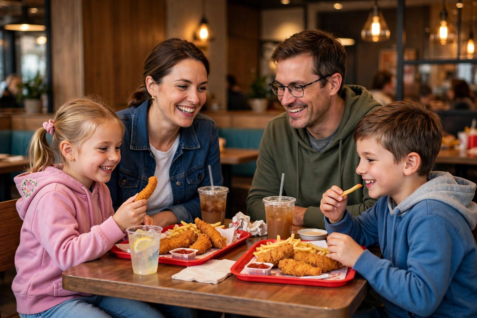 Family with kids eating Raising Cane's kids meals at restaurant table