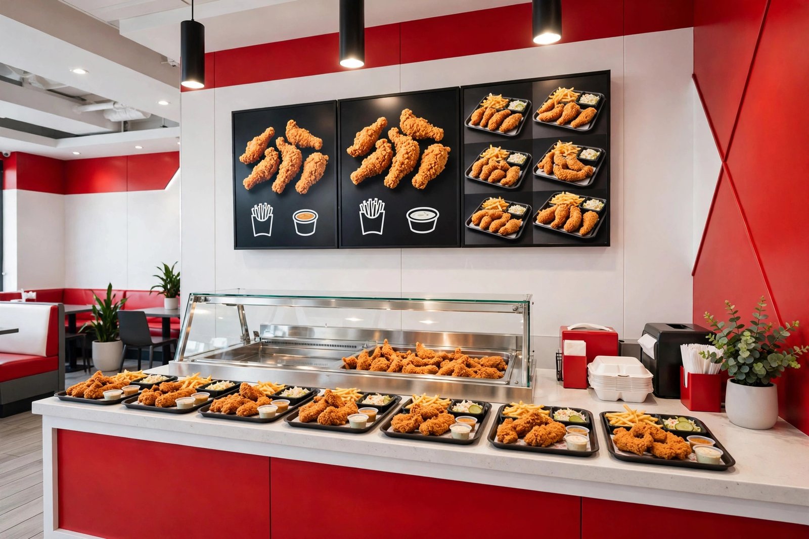 Raising Cane's restaurant interior with menu board 2026