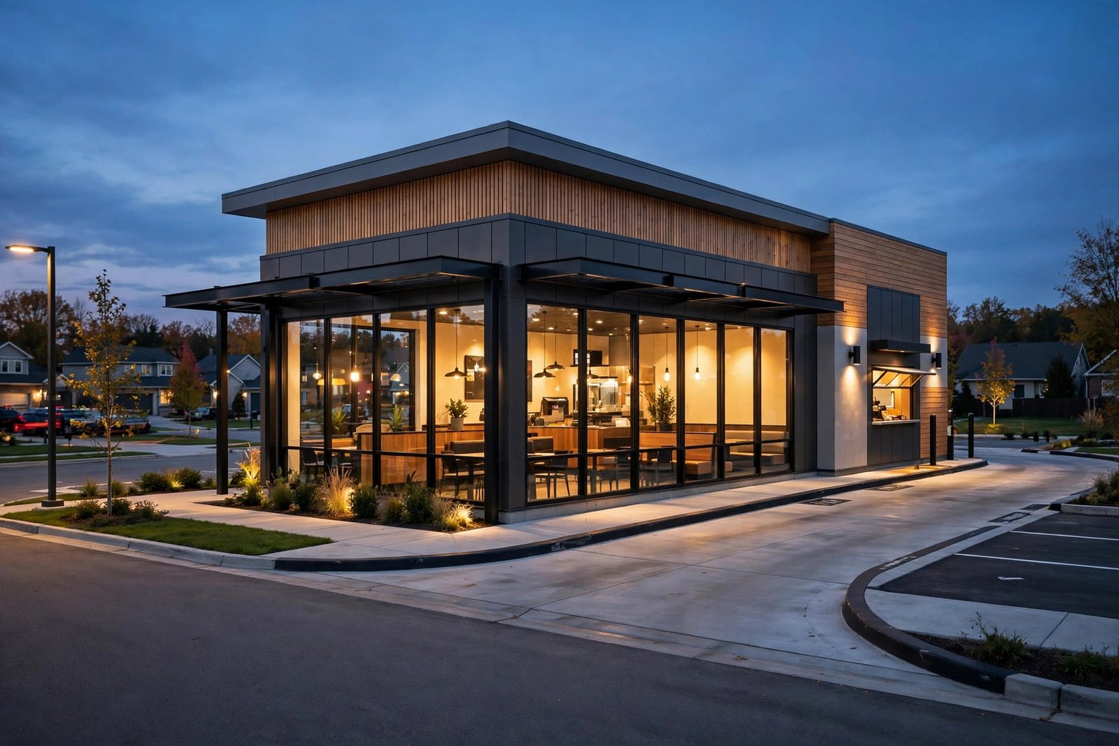 Raising Cane's states — restaurant storefront with drive-thru at dusk