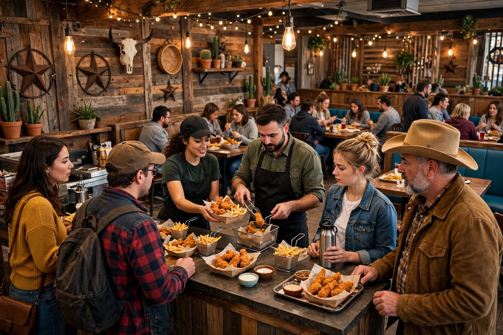 Raising Cane's states — busy restaurant interior with customers ordering
