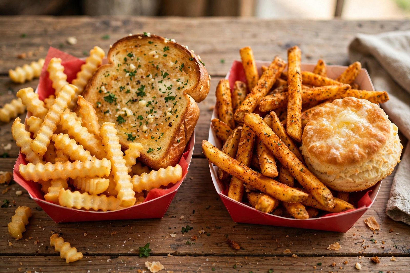 Raising Cane's vs Popeyes sides: crinkle fries vs Cajun fries and Texas toast vs biscuit 2026