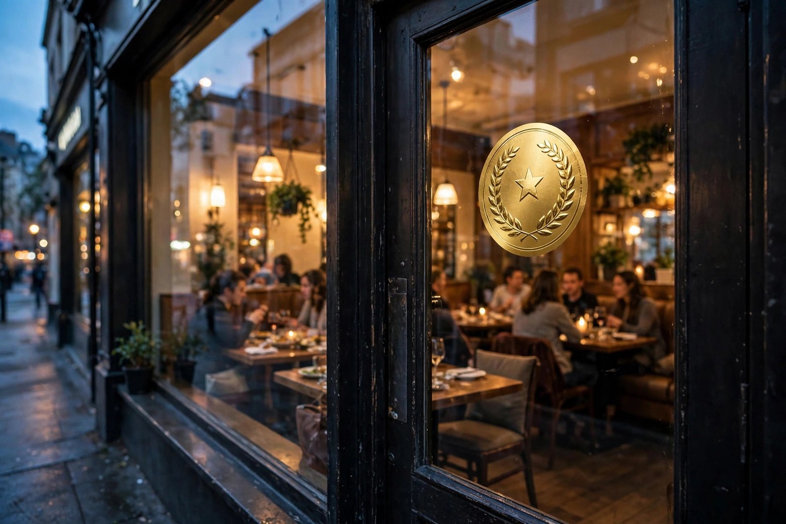 Restaurant Guru award explained — Recommended window sticker displayed on a restaurant door