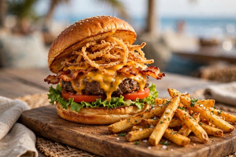 River City Cafe best burgers on the Grand Strand - signature cheeseburger with onion strings