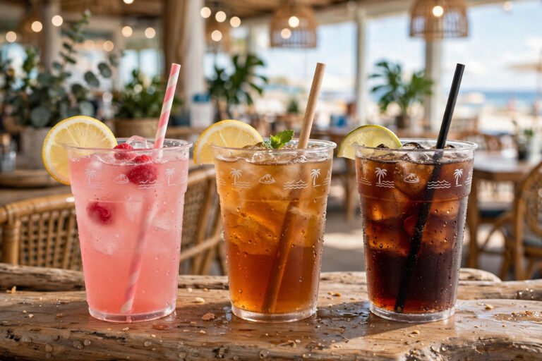 River City Cafe drink menu and prices - soft drinks lemonade and iced tea in souvenir cups