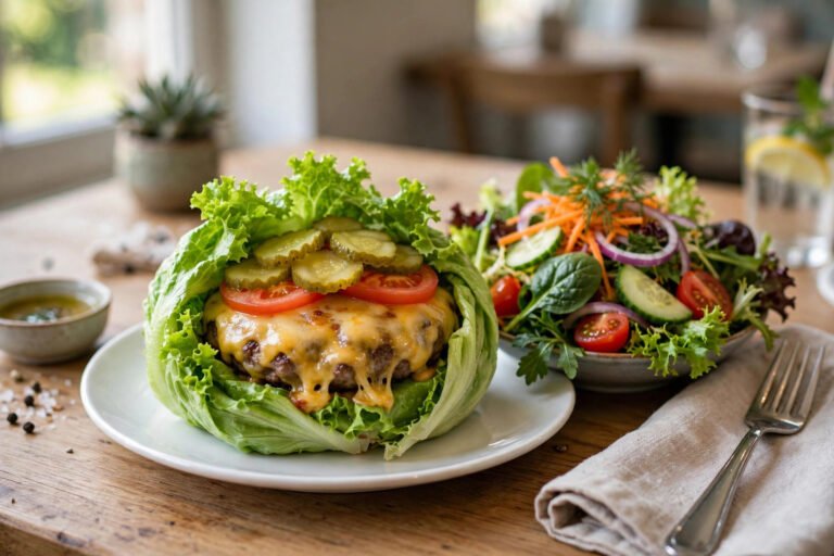 River City Cafe gluten-free options - bunless burger in lettuce wrap with salad