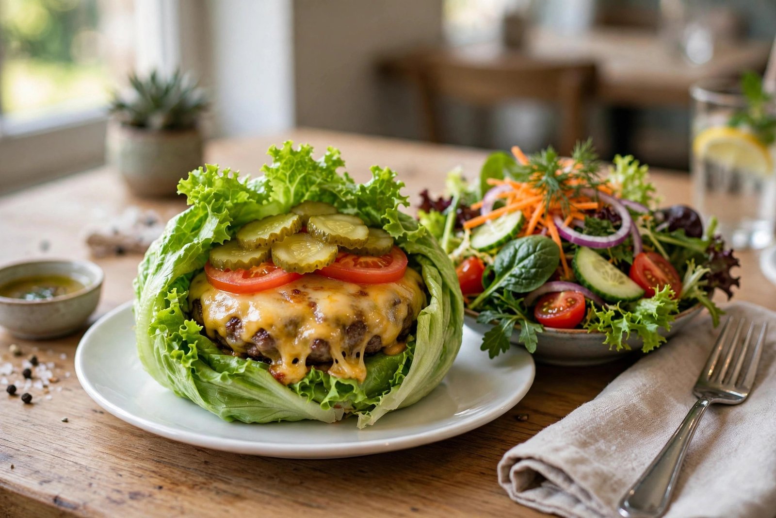 River City Cafe gluten-free options - bunless burger in lettuce wrap with salad