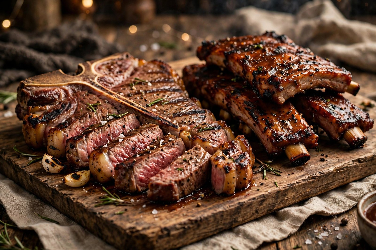 Texas Longhorn restaurant — signature T-bone steak and smoky BBQ ribs