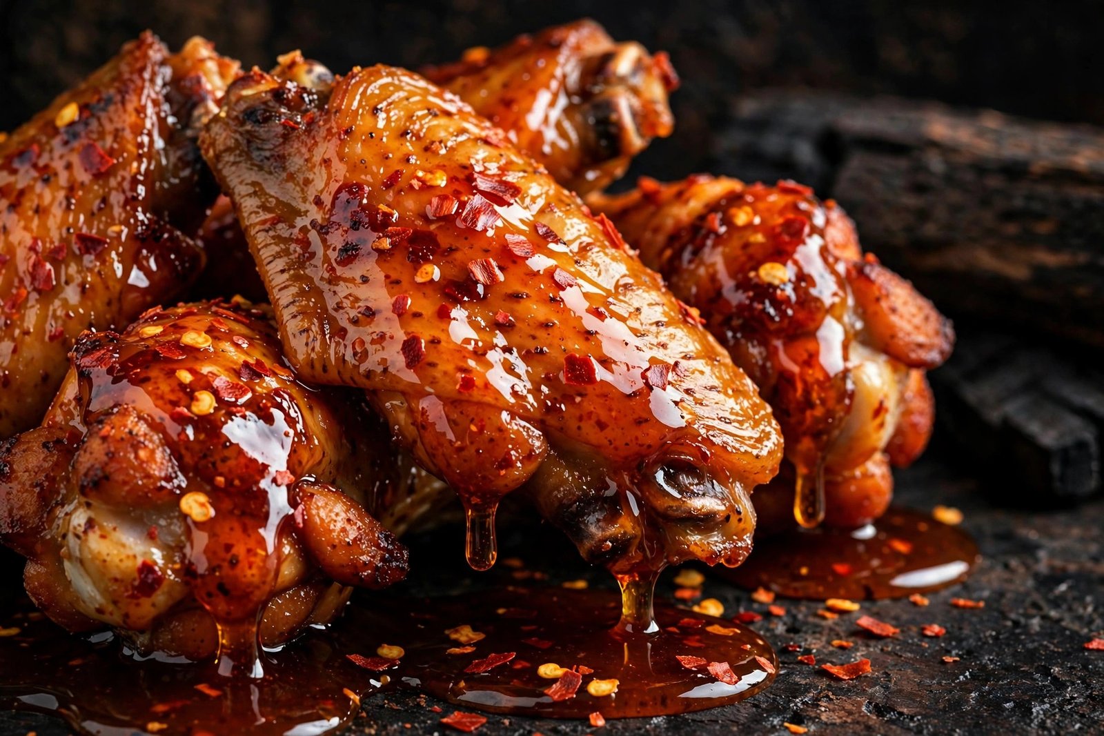Wingstop flavors ranked — sauced chicken wings dripping with spicy sauce