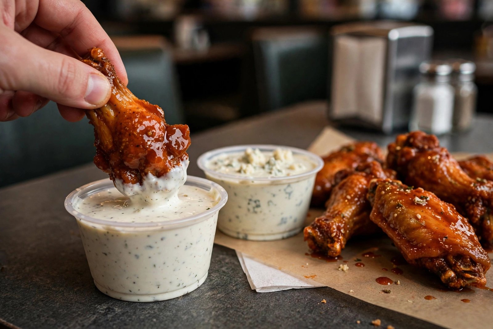 Wingstop flavors ranked — wings with ranch and blue cheese dips